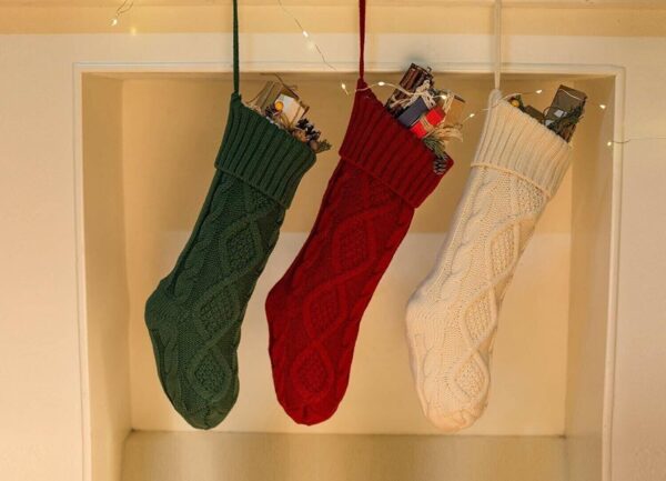 Set of 3 15" Unique Burgundy Ivory White Knit Green Christmas Stocking Xmas Gift 3