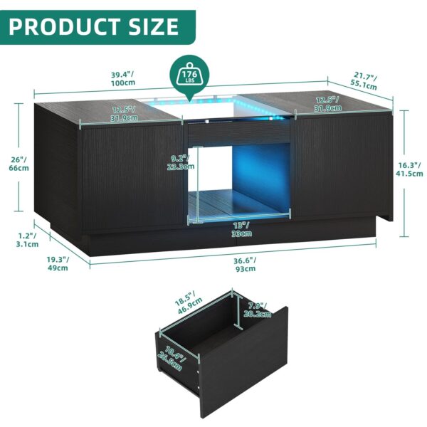 Modern Coffee Table 2 Drawers with Charging Station and LED Lights End Table 3
