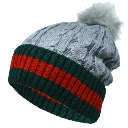 Winter Knitted Pom Slouchy Baggy Beanie Hat Fur lined Thermal Striped Ski Cap
