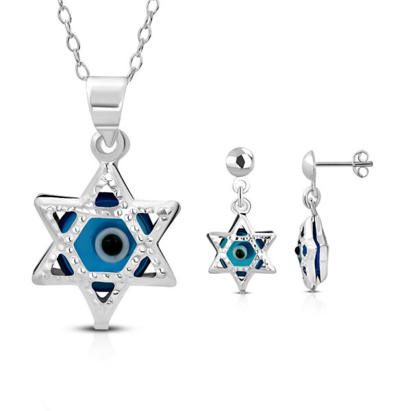 925 Sterling Silver Star David Evil Eye Good Luck Earrings Pendant Necklace Set 1