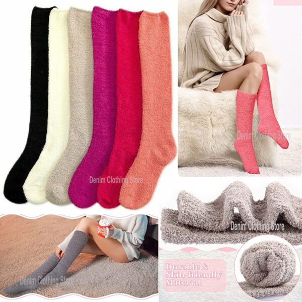 6 Pair Women Knee High Winter Socks Soft Fuzzy Cozy Slipper Long Fleece Lot 9-11