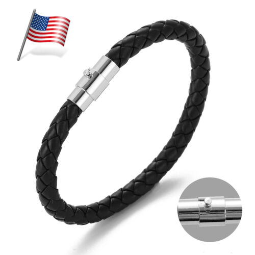 Leather Braided Bracelet Silver Stainless Steel Magnetic Clasp For Men's Women's