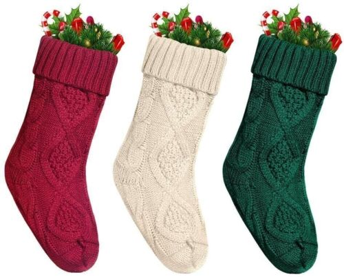 Set of 3 15" Unique Burgundy Ivory White Knit Green Christmas Stocking Xmas Gift
