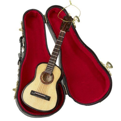 Acoustic Guitar with Leather Case Wood Pearlized Christmas Ornament