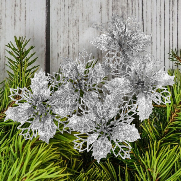 Glitter Christmas Poinsettia Hanging Flowers Xmas Party Tree Decoration