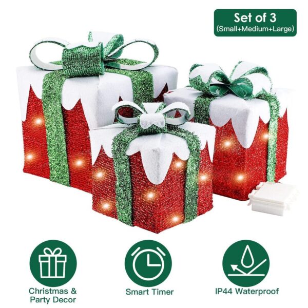 Christmas Decor Lighted Gift Boxes Set of 3 Xmas Light Up Present Box In/Outdoor