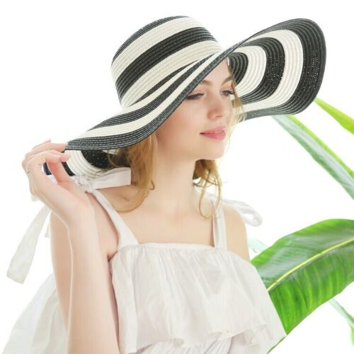 Women's Sun Beach Straw Hat Summer Wide Brim Floppy Foldable Striped Sun Cap