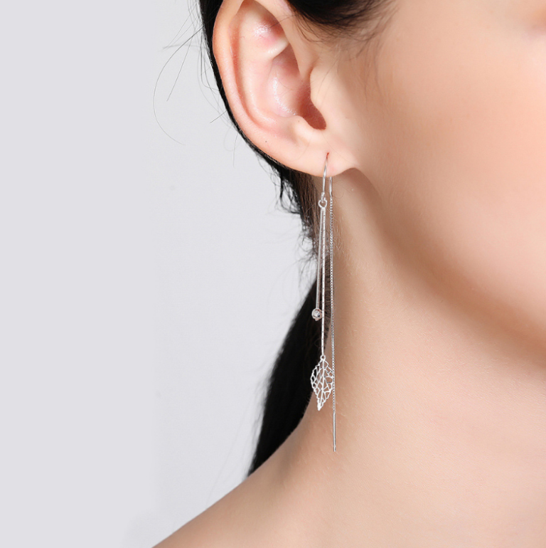 Women Silver Tone Tassel Threader Leaf Dangle Drop Pull Earrings Fashion