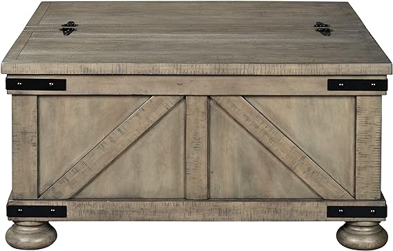 Signature Design by Ashley Aldwin Farmhouse Square Coffee Table with Lift Top for Storage, Grayish Brown 1
