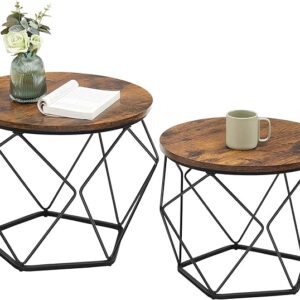 VASAGLE Small Coffee Table Set of 2 - Round Coffee Table with Steel Frame - Side End Table for Living Room, Bedroom, Office - Rustic Brown and Black