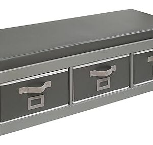 Badger Basket Kid's Padded Toy Storage Bench with Cushion and Three Fabric Bins - Gray
