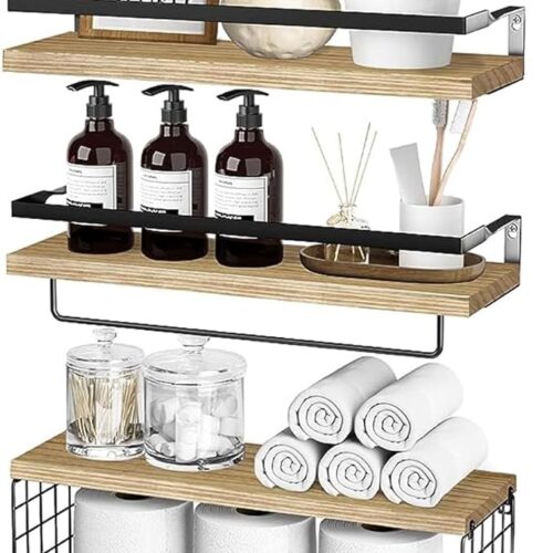 Suenaxe Floating Shelves with Storage Basket and Towel Bar - Wall Mounted Bathroom Shelves Over Toilet Storage - 3 Tier Rustic Wood Shelves Wall Decor for Bedroom, Living Room, Kitchen (Light Brown)