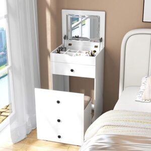 CHARMAID Small Vanity Desk Set - Makeup Vanity Table with Flip-up Lighted Mirror, Storage Bench, 2 Drawers, 8 Wheels - White Girls Dressing Table Nightstand for Small Space Bedroom
