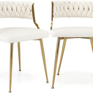 Giantex Velvet Dining Chairs Set of 2 - White Upholstered Open-back Dining Chairs with Golden Metal Frame - Max Load 300 Lbs - Modern Mid-century Dining Room Chairs with Elegant Woven Back - Kitchen Chair