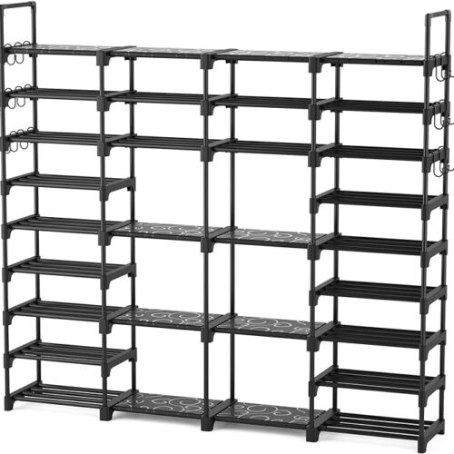 ROJASOP 9-Tier Large Shoe Rack Organizer for Entryway Closet - Heavy Duty Tall Shoe Shelf Storage with 18 Removable Side Hooks - Holds 64-68 Pairs - Ideal for Bedroom and Garage - Black