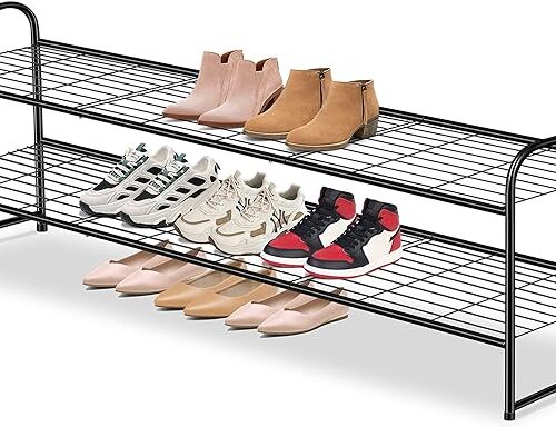 AOODA Long 2 Tier Shoe Rack for Closet, Metal Wide Stackable Shoe Storage Organizer for Entryway, Bedroom, Floor, 18-Pairs Low Shoe Shelf, Black