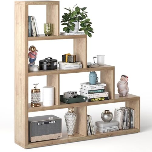 Tangkula 10 Shelves Bookshelf, L Shaped Freestanding Ladder Corner Bookshelf 6 Cubes Stepped Etagere Bookcase, 5 Tier Wooden Storage Display Shelf for Home Office, 61 x 11 x 64 Inches (Natural)