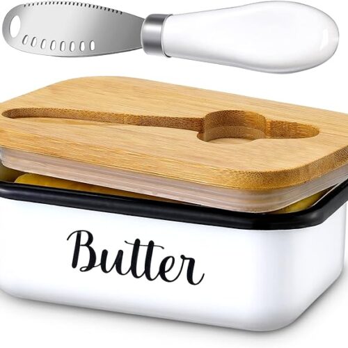 Butter Dish with Lid and Butter Curler Knife for Countertop - Unbreakable Metal Keeper Container with High-Quality Double Silicone Sealing, Perfect for Kitchen Farmhouse Decor