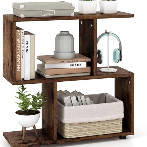 Tangkula 2-Tier Geometric Bookshelf - Freestanding Wood Display Shelf, Home Office Décor Room Divider, S-Shaped Open Bookcase for Small Spaces, Living Room, Study (Coffee, 1)