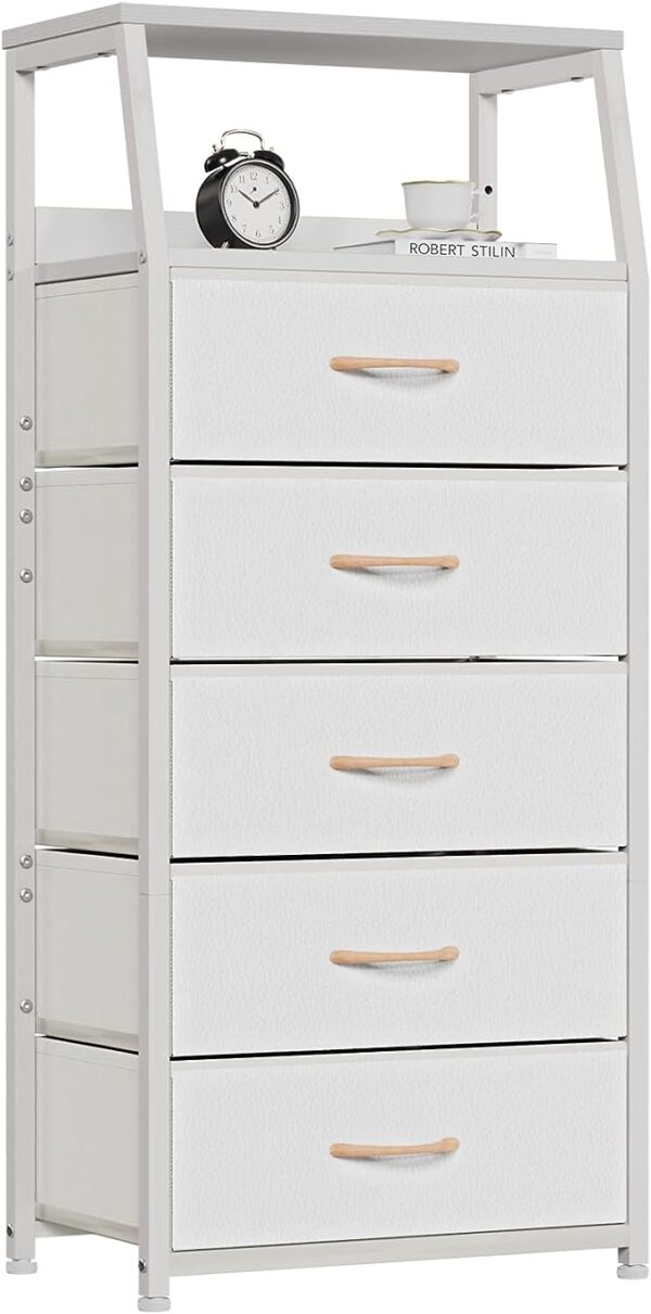 Furnulem White Dresser with 5 Drawers - Vertical Storage Tower Fabric Dresser for Bedroom, Hallway, Entryway, Nursery, Closet Organizer, Nightstand Bedside Table Furniture, Sturdy Steel Frame, Wood Top" 1