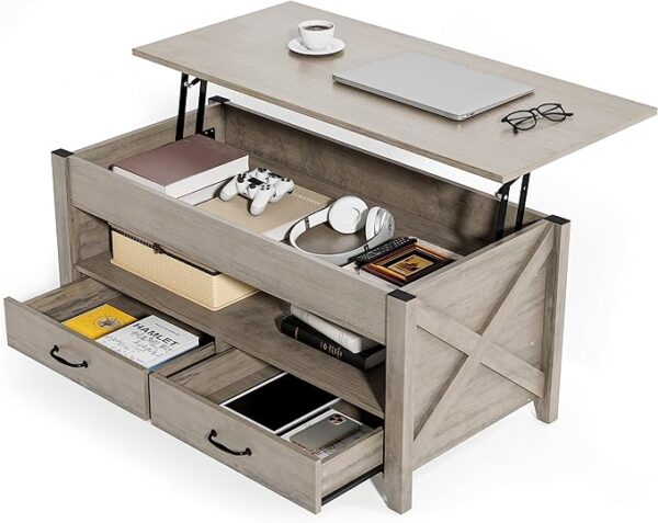 Evajoy Lift Top Coffee Table - Modern Coffee Table with 2 Storage Drawers and Hidden Compartment, X-Shape Wood Support, Center Table with Lift Tabletop for Living Room, Office, Grey" 1