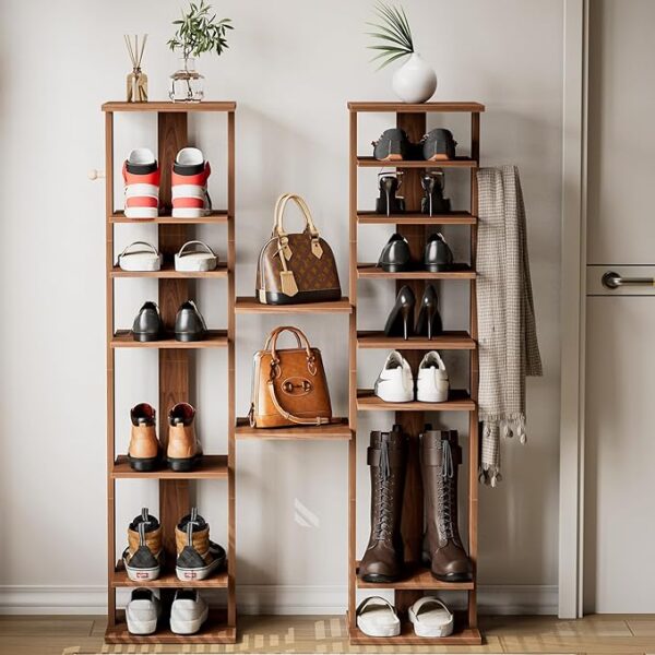 XBurmo Vertical Shoe Rack - 9 Tier Shoe Storage Organizer with Hooks, Tall Shoe Tower, Slim Standing Shoe Shelf, Wooden Cubby Shoe Storage for Entryway, Small Spaces, Closet, Corner (Walnut)" 1