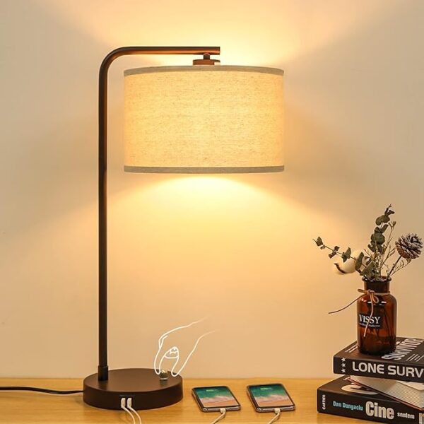 "Side Table Lamp with Dual USB Ports - Dimmable Bedside Lamp Modern Nightstand Lamp Desk Reading Lamp with Linen Lampshade for Bedroom, Living Room, Study Room, Office - 9W 3000K LED Bulb Included" 1