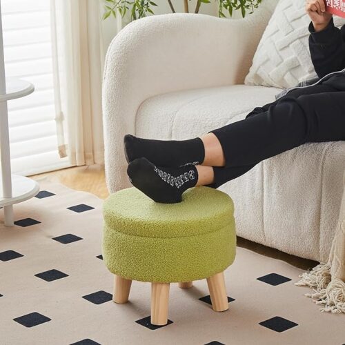 Wimarsbon Storage Ottoman - Modern Round Footrest with Soft Padded Seat, Teddy Velvet Footstool with Wood Legs, Accent Small Table or Plant Stand for Hallway, Living Room (Brilliant Green)"
