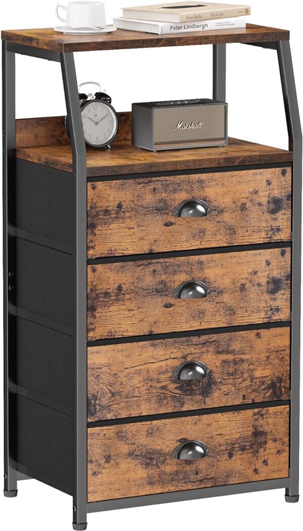 "Furnulem Tall 4 Drawers Dresser - Vertical Storage Tower Fabric Dresser for Bedroom, Hallway, Entryway, Nursery, Closet Organizer, Nightstand Bedside Table Furniture, Sturdy Steel Frame, Wood Top" 1