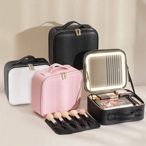 1 Makeup Bag Travel Cosmetic Organizer Makeup Train Soft Case with Mirror LED Lamp