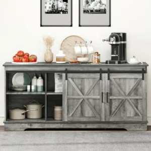 Rustic Gray Buffet Cabinet: 59" Coffee Bar Sideboard with Sliding Barn Doors for Kitchen & Living Room Storage