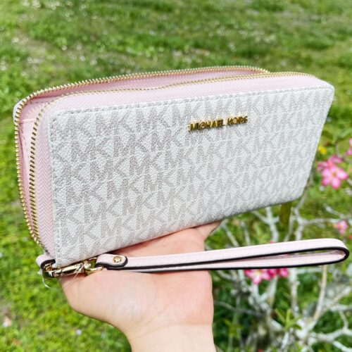 1 Michael Kors Jet Set Large Continental Wallet Wristlet MK Vanilla Pink Blush
