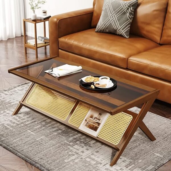 Bamworld Mid-Century Modern Coffee Table with Glass Top Rattan Coffee Table with Storage for Living Room Brown 1