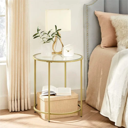 1 VASAGLE Round Gold Side Table - Small End Table Nightstand with Metal Frame - Gold Coffee Table for Living Room, Bedroom
