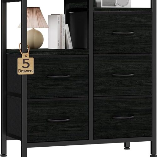 Furnulem Nightstand with Drawer - 5 Drawers Nightstand with Open Shelf for Bedside Storage - Unit Organizer Furniture for Entryway, Living Room, Bedroom - Fabric Bins, Wood Desk Table (Black Oak)