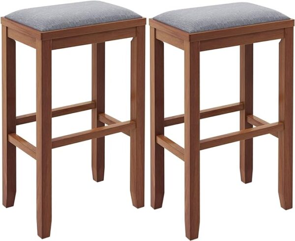 COSTWAY Upholstered Saddle Stools Set of 2 - 31-inch Height Vintage Counter Height Chairs with Solid Wood Legs - Modern Backless Design Indoor Bar Stools for Kitchen, Dining, Pub and Bistro - Walnut 1