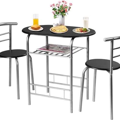1 COSTWAY 3 Piece Dining Table Set for 2 - Modern Round Table Set with 2 Stools, Pub Table and Chairs Dining Set with Built-in Storage Layer - Space Saving for Kitchen, Apartment, and Dining Room (Silver)