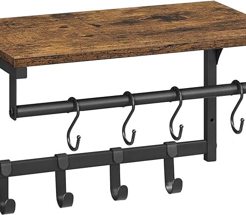 VASAGLE Laundry Room Shelf Wall Mounted - Coat Rack Shelf with 8 Removable Hooks - for Entryway, Living Room, Kitchen, Bedroom - 15.7 x 9.4 x 9.4 Inches - Rustic Brown and Black ULCR103B01