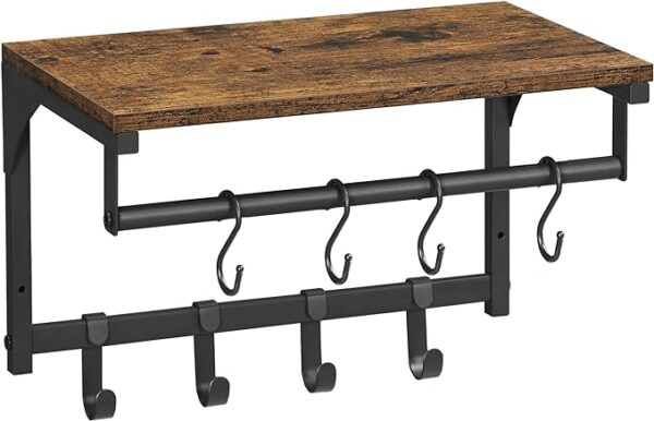 VASAGLE Laundry Room Shelf Wall Mounted - Coat Rack Shelf with 8 Removable Hooks - for Entryway, Living Room, Kitchen, Bedroom - 15.7 x 9.4 x 9.4 Inches - Rustic Brown and Black ULCR103B01 1