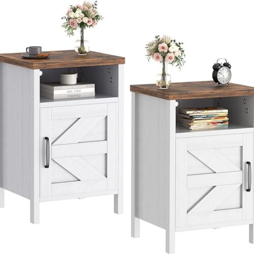 1 JUMMICO Farmhouse Nightstand - Modern Bedside Table Set of 2 with Barn Door and Shelf - Rustic End Table Side Table for Bedroom, Living Room - White