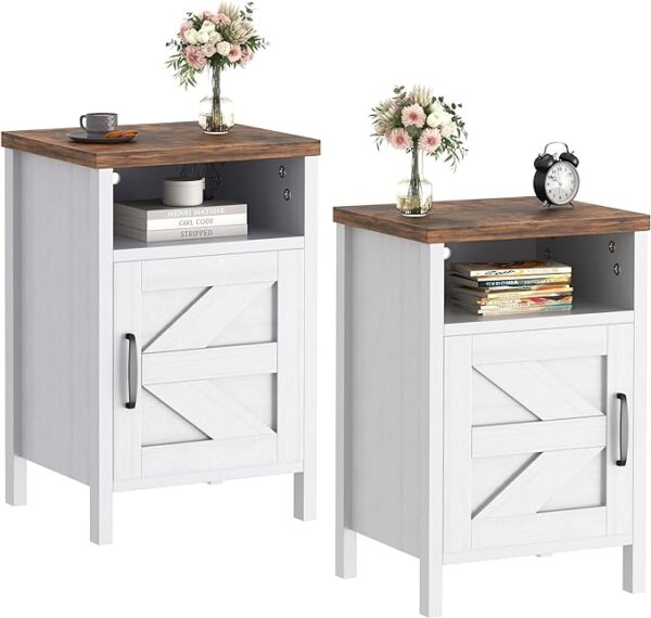 JUMMICO Farmhouse Nightstand - Modern Bedside Table Set of 2 with Barn Door and Shelf - Rustic End Table Side Table for Bedroom, Living Room - White 1