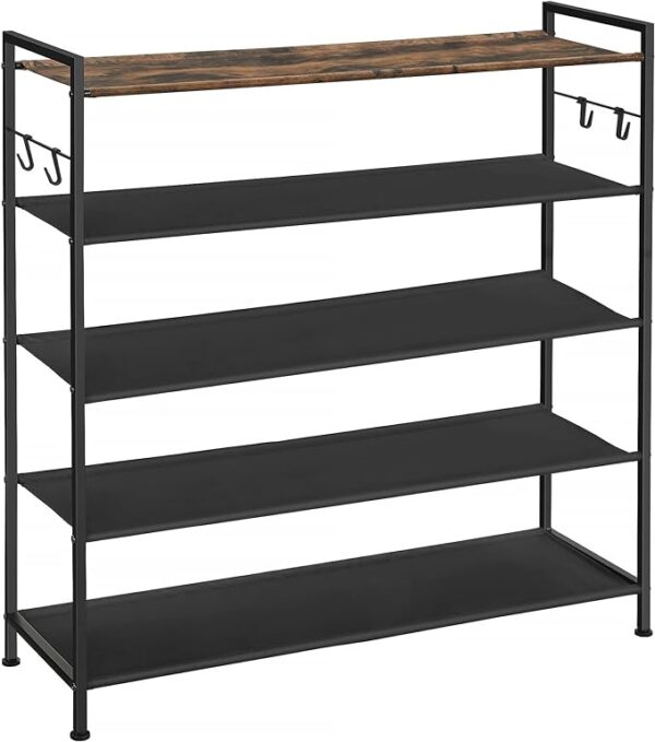 SONGMICS Shoe Rack - 5 Tier Shoe Storage Organizer, Large Shoe Rack Shelf for Closet Entryway - Sturdy Shoe Stand for 20-25 Pairs with 4 Hooks, Adjustable Feet, Fabric Shelves, Not Wooden Top 1