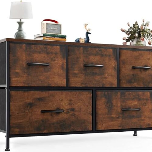 OLIXIS Dresser for Bedroom - Storage with 5 Drawer Organizer Closet Chest - Small Clothes Fabric Cabinet, Kids Furniture Drawer Binis - Nightstand for Bedroom, Living Room, Nursery, Entryway - Rustic Brow