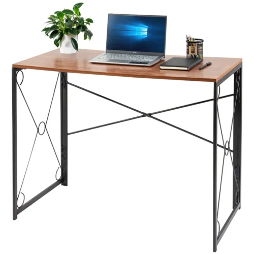 "Kibhous Folding Computer Desk - Writing Table with Wood Top and Metal Frame, 39 inch PC Table for Adults, Deep Brown"