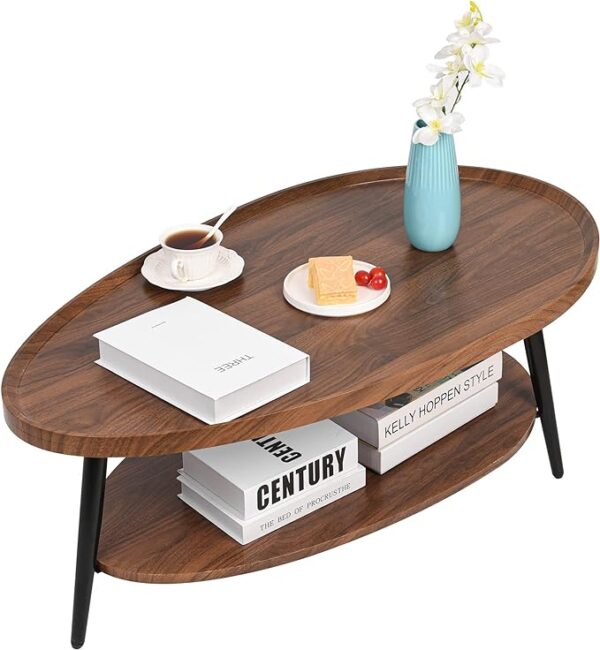 Zedesey 2-Tier Coffee Table - Water-Shaped Wood Center Table - Mid Century Oval Coffee Table - Rustic Farmhouse Coffee Table for Living Room, Bedroom - 40", Brown 1