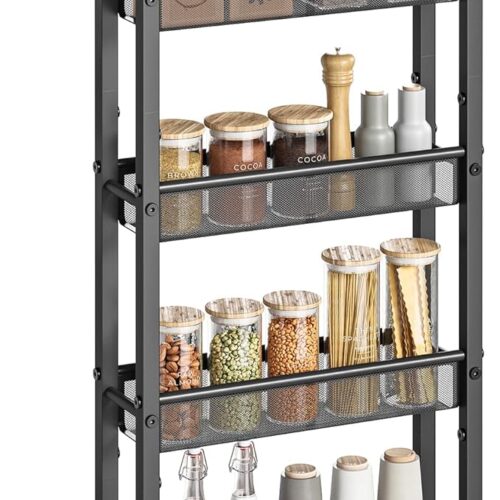 VASAGLE Slim Rolling Cart - 5-Tier Storage Cart, Narrow Cart with Handle, 5.1 Inches Deep, Metal Frame - for Kitchen, Dining Room, Living Room, Home Office - Rustic Brown and Black ULRC034B01
