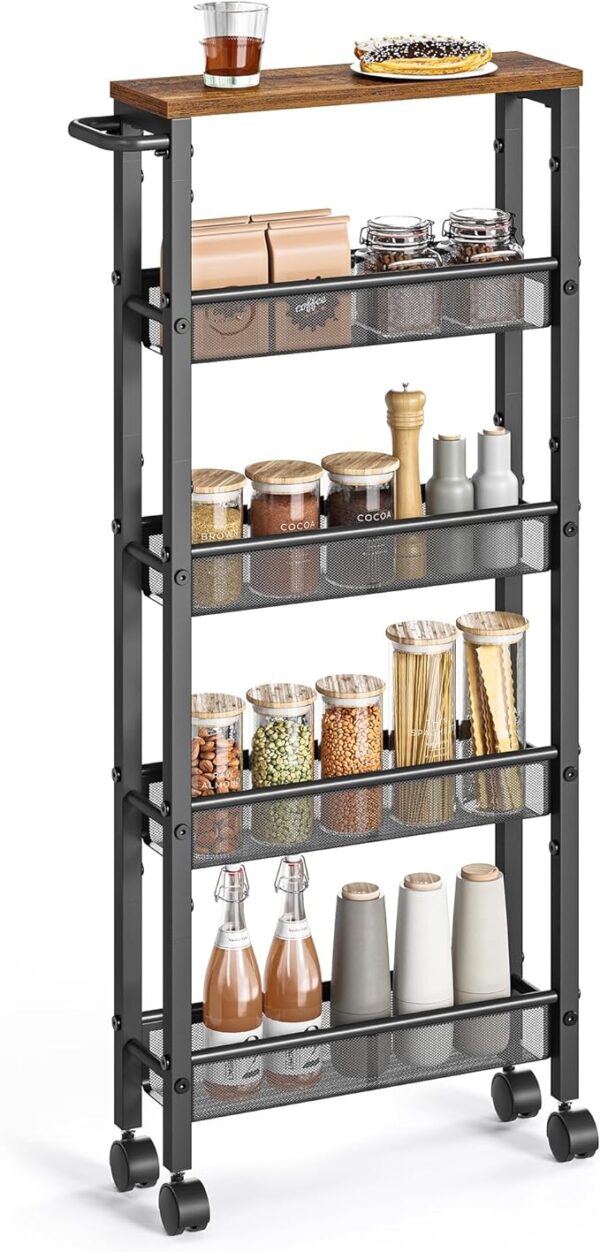 VASAGLE Slim Rolling Cart - 5-Tier Storage Cart, Narrow Cart with Handle, 5.1 Inches Deep, Metal Frame - for Kitchen, Dining Room, Living Room, Home Office - Rustic Brown and Black ULRC034B01 1
