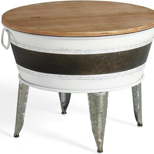 1 Oneinmil Coffee Table with Storage - Rustic Antique Galvanized Metal End Coffee Cocktail Table Box Bin with Round Wooden Lid - for Living Room, Bedroom (White)