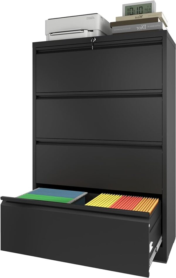 IKIMI Lateral File Cabinets 4 Drawer - Office Filing Cabinet, Steel Storage Cabinet with Lock, Wide Horizontal Black Metal Cabinet for Hanging Files, Legal/Letter/A4 Size" 1