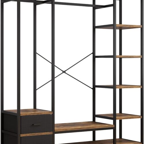 NIKKHO Independent Wardrobe Manager - Clothes Rack with Multiple Storage Racks and Non-Woven Drawer - Bedroom Heavy Metal Wardrobe Storage Rack - Black